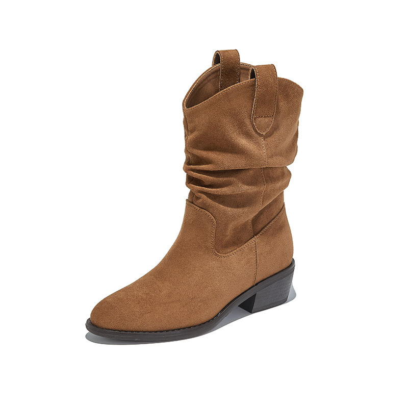 Mingliu Cizme pentru femei – vârf ascuțit, gambă scurtă, toc gros 3-5 cm, partea superioară din material textil