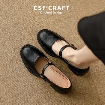 Retro žene Mary Jane cipele od prave kože, goveđa koža, okrugli vrh, niski pet 3–5 cm, kopča na kopču, gumena potplata