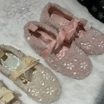 Ženske Mary Jane balerine s mašnicom i plišanim gornjim dijelom, gumena potplata, niski pet, jednostavno navlačenje, jesen-zima