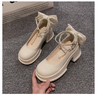 Mary Jane magas sarkú cipők, Mori Girl stílus, kerek orr, PU felső rész, 3–5 cm durva sarok, gumitalp