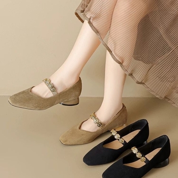 Ženske vintage Mary Jane cipele, velur gornji dio, niski mačji potplat, PU uložak, gumena potplata, Slip-On, Proljeće 2024