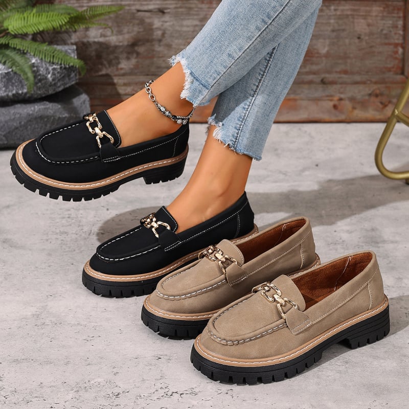 Ženski loaferi, slip-on, okrugli vrh, gornji dio od umjetne PU, gumeni potplat, srednje visoka debela peta (3–5 cm)