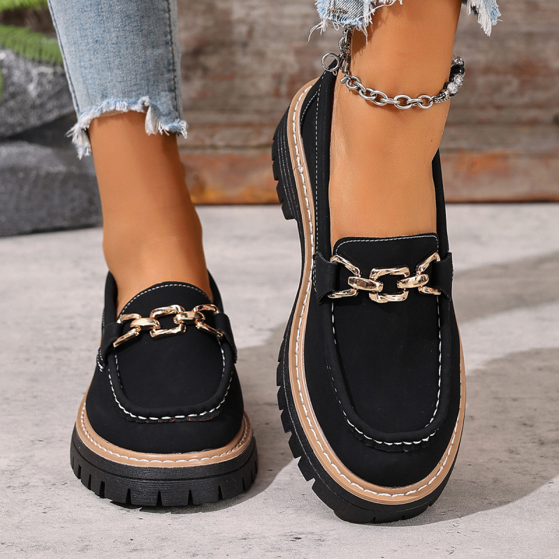 Ženski loaferi, slip-on, okrugli vrh, gornji dio od umjetne PU, gumeni potplat, srednje visoka debela peta (3–5 cm)