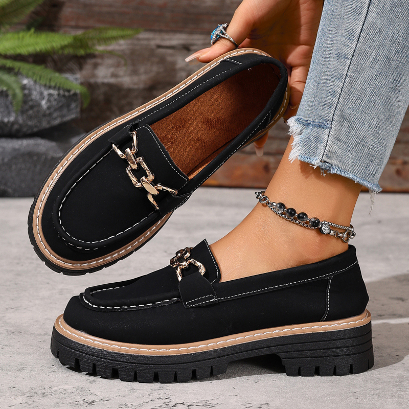 Ženski loaferi, slip-on, okrugli vrh, gornji dio od umjetne PU, gumeni potplat, srednje visoka debela peta (3–5 cm)