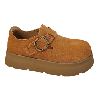 Ženske mokasine s Velcro, okrugli vrh, gornji dio od kravlje veluru, srednji pet 3-6 cm, gumeni potplat