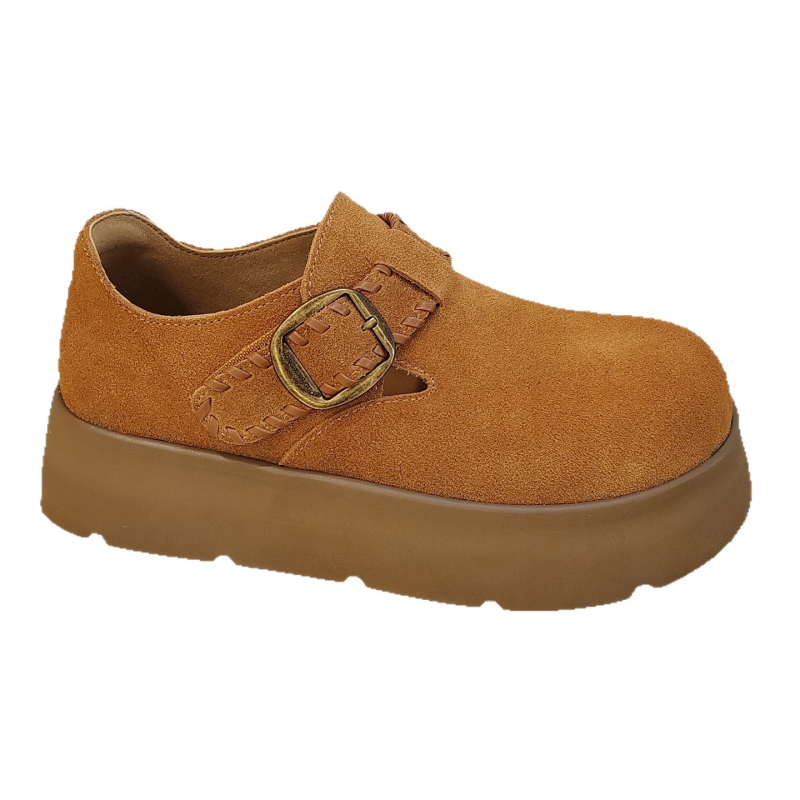 Ženske mokasine s Velcro, okrugli vrh, gornji dio od kravlje veluru, srednji pet 3-6 cm, gumeni potplat