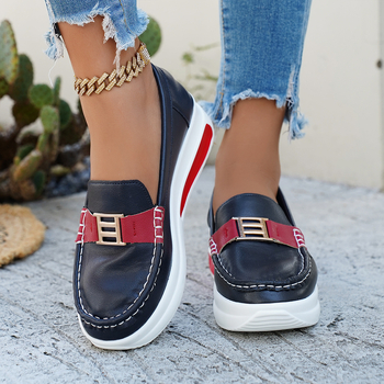 Лофери за възрастни, Slip-On с кръгъл нос, PU горна част и PU подметка, клиновиден ток 6–8 см, едноцветни, ежедневни обувки за лято–есен