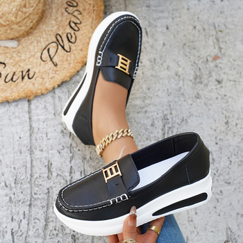 Лофери за възрастни, Slip-On с кръгъл нос, PU горна част и PU подметка, клиновиден ток 6–8 см, едноцветни, ежедневни обувки за лято–есен