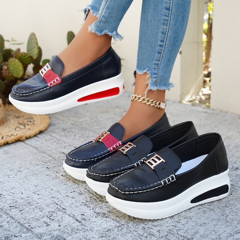 Лофери за възрастни, Slip-On с кръгъл нос, PU горна част и PU подметка, клиновиден ток 6–8 см, едноцветни, ежедневни обувки за лято–есен