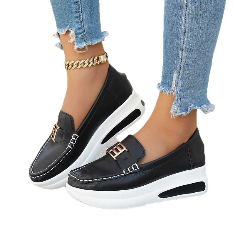 Лофери за възрастни, Slip-On с кръгъл нос, PU горна част и PU подметка, клиновиден ток 6–8 см, едноцветни, ежедневни обувки за лято–есен