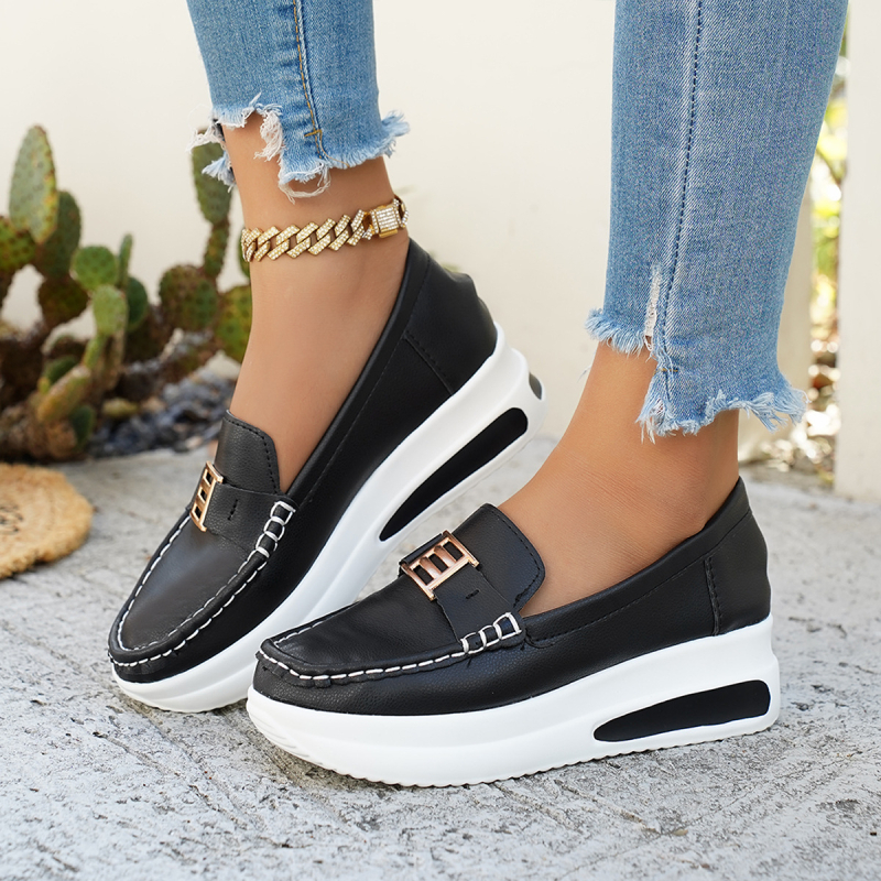 Лофери за възрастни, Slip-On с кръгъл нос, PU горна част и PU подметка, клиновиден ток 6–8 см, едноцветни, ежедневни обувки за лято–есен