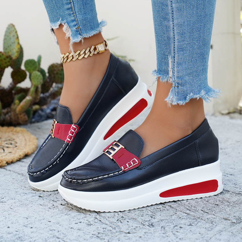 Лофери за възрастни, Slip-On с кръгъл нос, PU горна част и PU подметка, клиновиден ток 6–8 см, едноцветни, ежедневни обувки за лято–есен