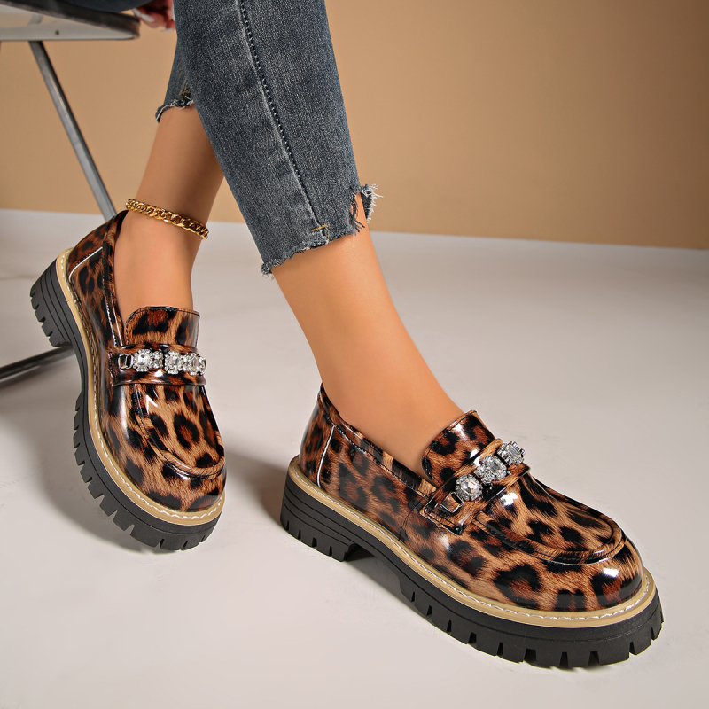 Loaferice u britanskom stilu s leopard uzorkom, gornji dio od PU kože, debela potplata, peta 3–5 cm