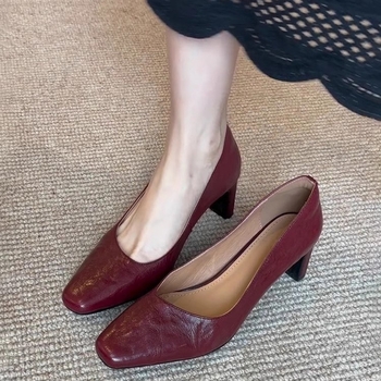 Ženske kožne cipele s četvrtastim nosem, niski otvor, debeli srednji potpetica 3–6 cm, retro stil, svakodnevna obuća