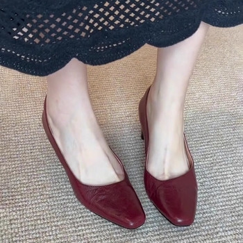 Ženske kožne cipele s četvrtastim nosem, niski otvor, debeli srednji potpetica 3–6 cm, retro stil, svakodnevna obuća
