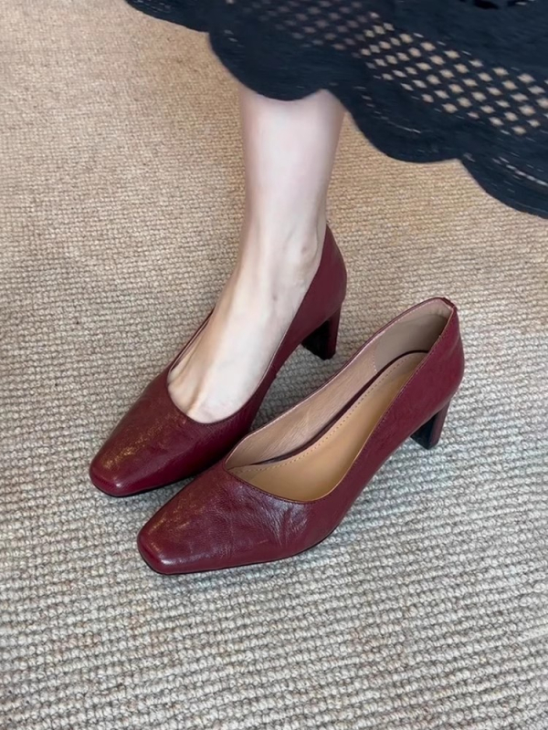 Ženske kožne cipele s četvrtastim nosem, niski otvor, debeli srednji potpetica 3–6 cm, retro stil, svakodnevna obuća