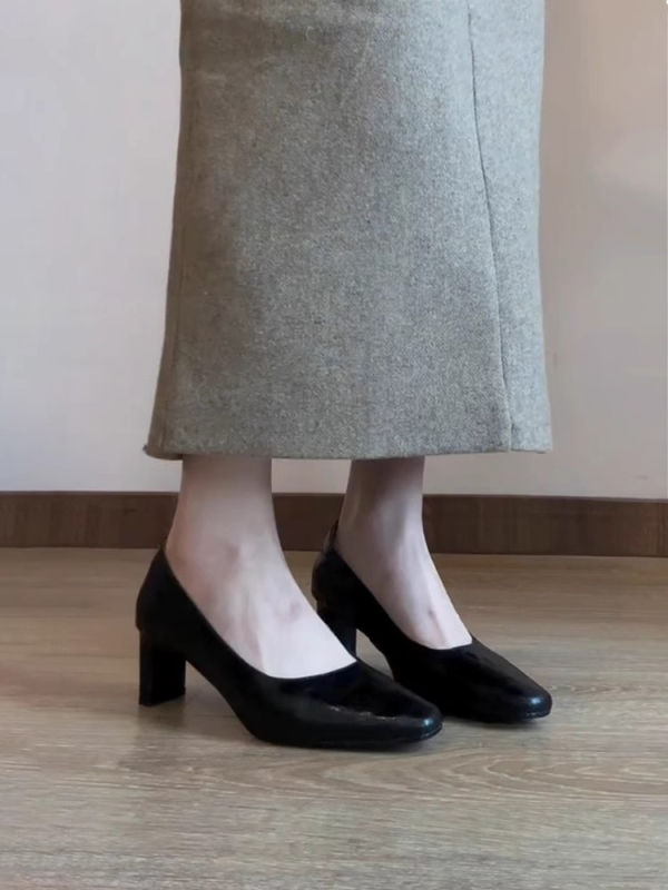 Ženske kožne cipele s četvrtastim nosem, niski otvor, debeli srednji potpetica 3–6 cm, retro stil, svakodnevna obuća