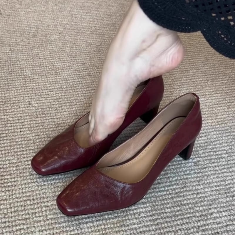 Ženske kožne cipele s četvrtastim nosem, niski otvor, debeli srednji potpetica 3–6 cm, retro stil, svakodnevna obuća