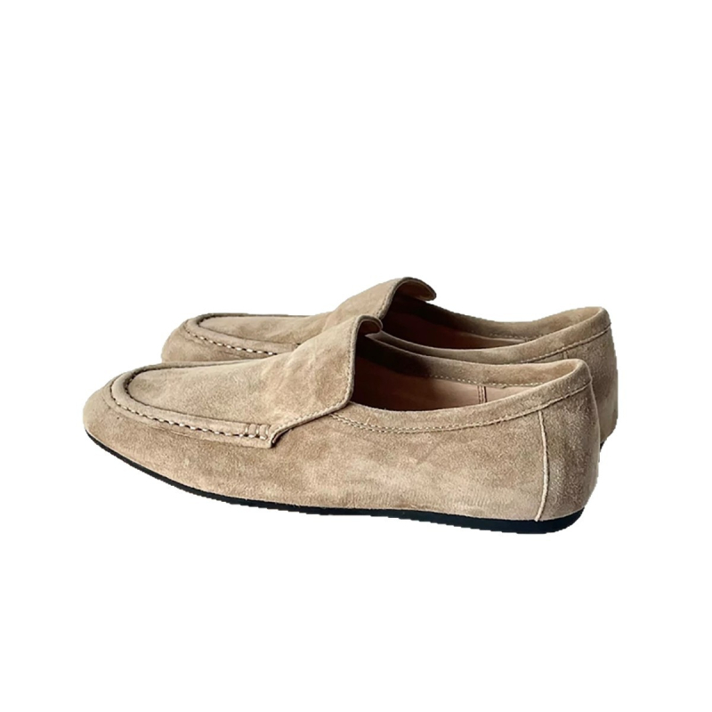 Дамски лоуфъри от набук, без връзки, с подплата от овча кожа — кръгъл нос, ниска плоска подметка