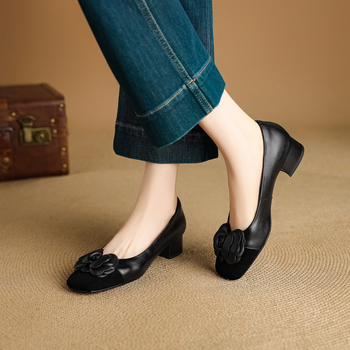 Обувки Mary Jane с квадратен нос, горна част от овча кожа, гумена подметка, дебел блок ток 3–6 см