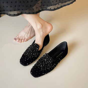 Ženske loafersice, četvrtasti vrh, velur gornji dio, gumeni potplat, slip-on