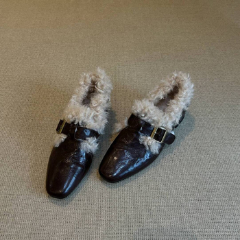 Damske cipele od ovčje kože, francuski retro stil, pliša fleece podstava, kopčano zatvaranje, srednja potpetica, gumeni potplat