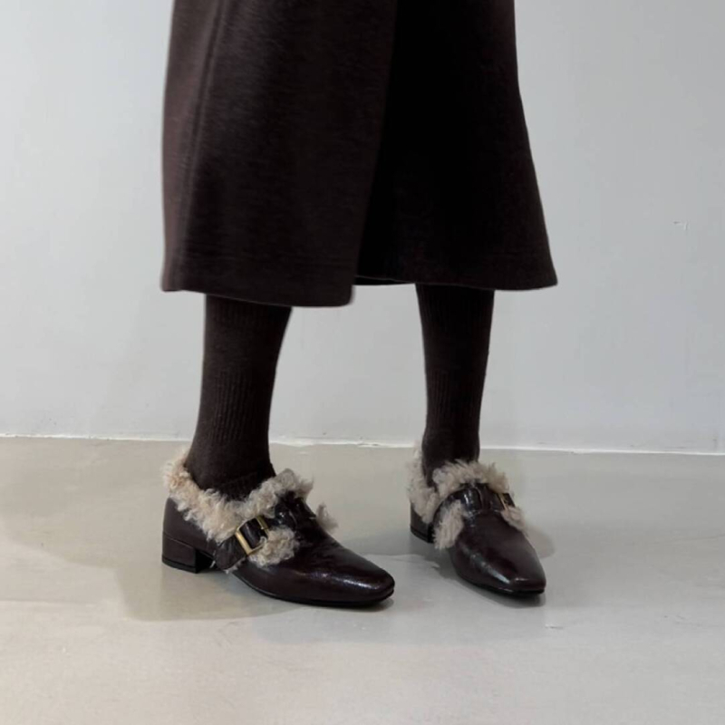 Damske cipele od ovčje kože, francuski retro stil, pliša fleece podstava, kopčano zatvaranje, srednja potpetica, gumeni potplat