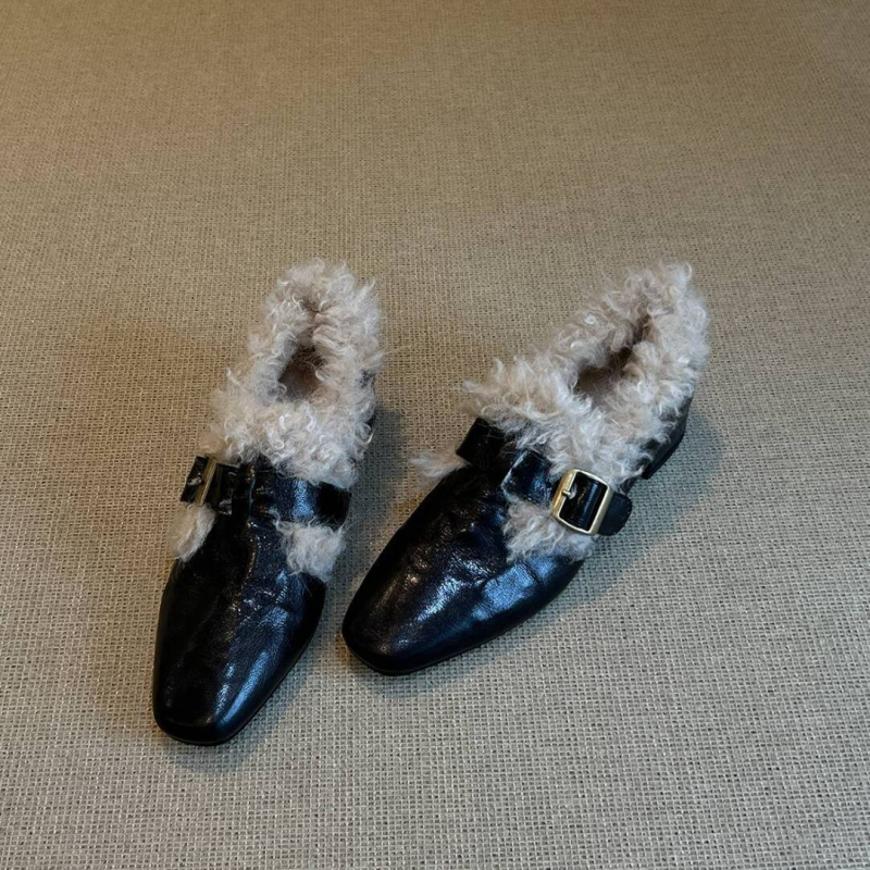 Damske cipele od ovčje kože, francuski retro stil, pliša fleece podstava, kopčano zatvaranje, srednja potpetica, gumeni potplat