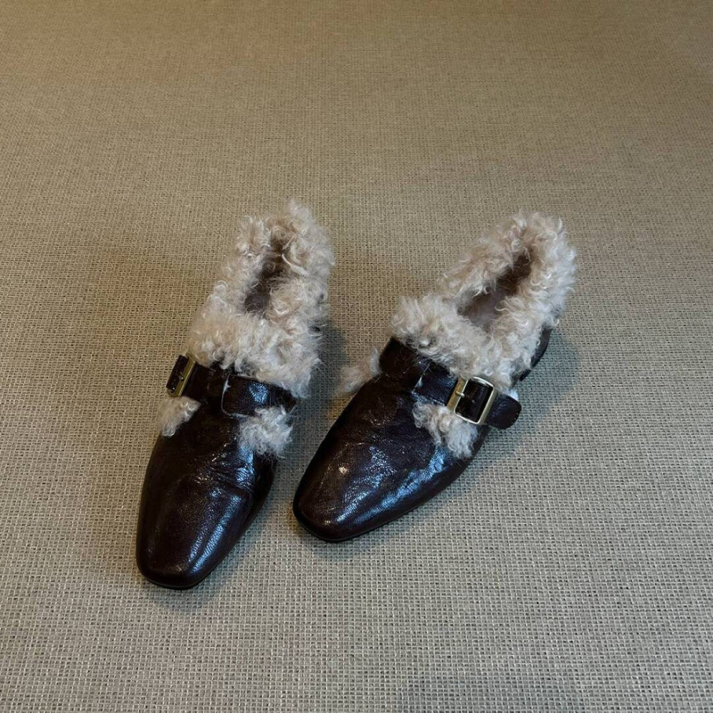 Damske cipele od ovčje kože, francuski retro stil, pliša fleece podstava, kopčano zatvaranje, srednja potpetica, gumeni potplat