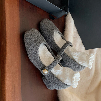 Mary Jane обувки за жени с равна подметка — кръгъл нос, горна част от свинска кожа, нисък дебел ток, гумена подметка, естествена кожена стелка