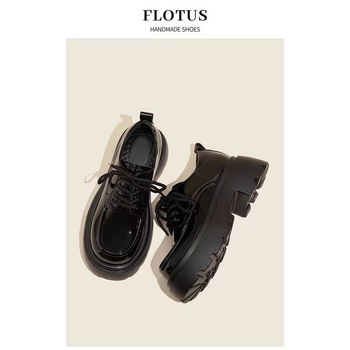 Дамски PU лофери с кръгъл нос, средна височина върха, връзки, 3–5 см дебела гумена подметка