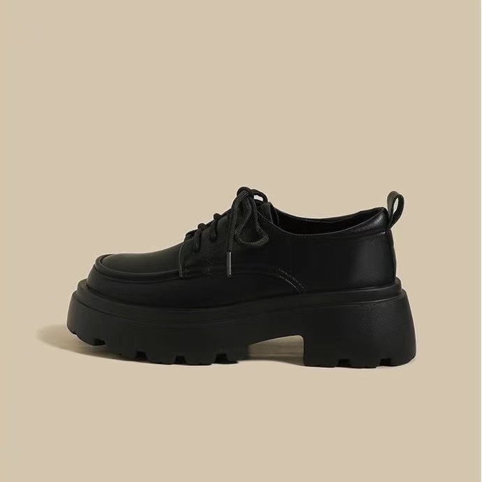 Дамски PU лофери с кръгъл нос, средна височина върха, връзки, 3–5 см дебела гумена подметка