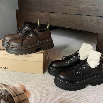 Ženske kožne loaferice s okruglim nosem, debeli gumeni potplat, niski gležanj, britanski stil Oxford