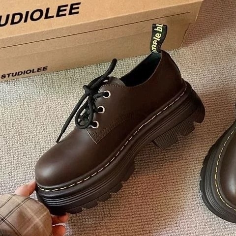Ženske kožne loaferice s okruglim nosem, debeli gumeni potplat, niski gležanj, britanski stil Oxford