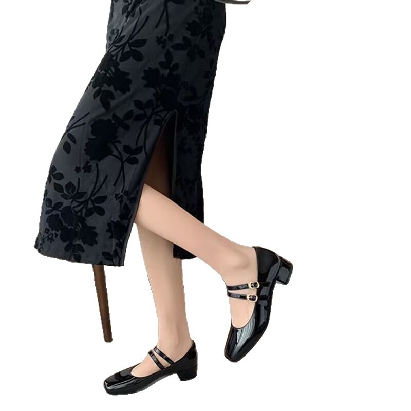 Мери Джейн обувки с квадратен нос, PU горна част, винтидж стил и дебел ток