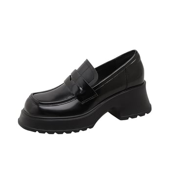 Dámske kožené mokasíny s hrubou platformou (výška päty 6–8 cm), slip-on, britský štýl, okrúhla špička, vrchnok z pravej kože