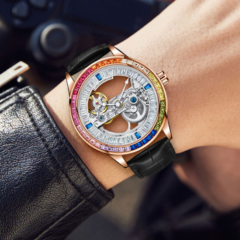 Ceas automat mecanic pentru bărbați, cu skeleton dublu pe ambele fețe și punte unică, mecanism 1966, curea din piele naturală, rezistență la apă 30 m