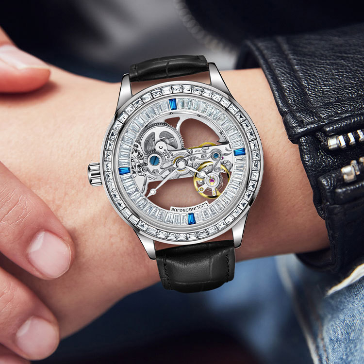 Ceas automat mecanic pentru bărbați, cu skeleton dublu pe ambele fețe și punte unică, mecanism 1966, curea din piele naturală, rezistență la apă 30 m