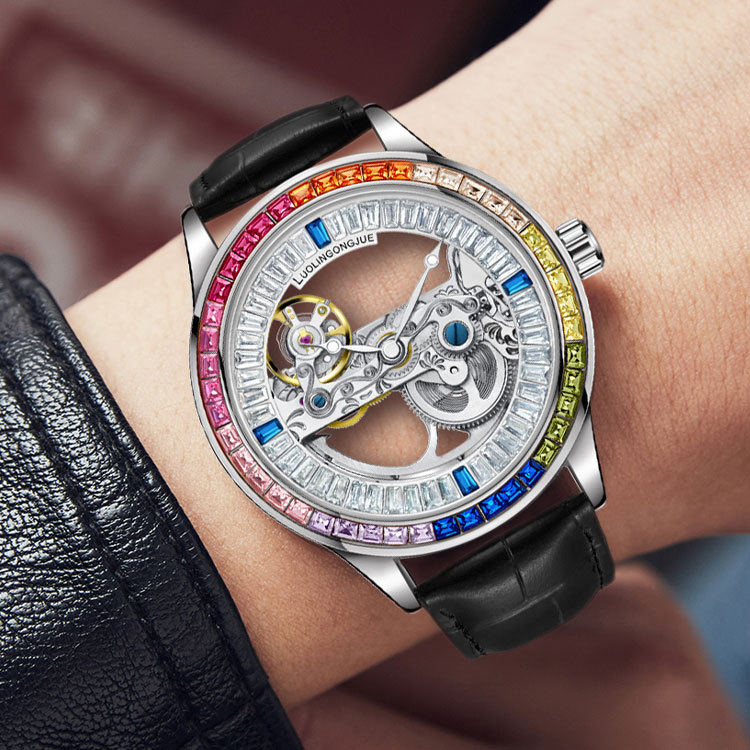 Ceas automat mecanic pentru bărbați, cu skeleton dublu pe ambele fețe și punte unică, mecanism 1966, curea din piele naturală, rezistență la apă 30 m