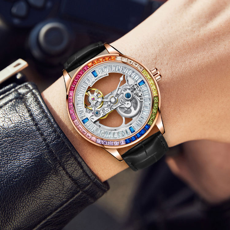 Ceas automat mecanic pentru bărbați, cu skeleton dublu pe ambele fețe și punte unică, mecanism 1966, curea din piele naturală, rezistență la apă 30 m