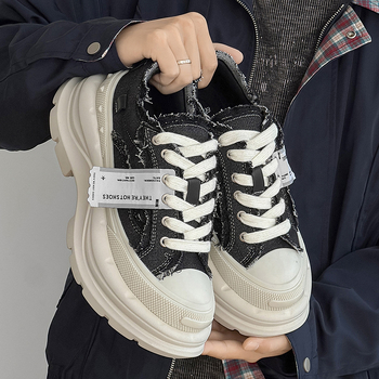 Pantofi platformă din canvas cu creștere de 6 cm, unisex, vârf rotund, închidere cu șireturi