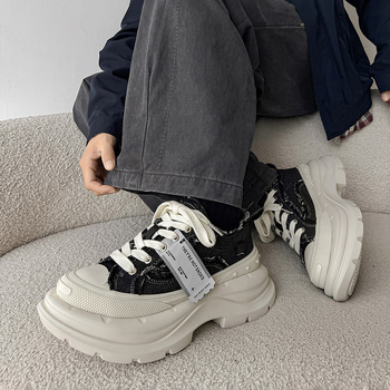 Pantofi platformă din canvas cu creștere de 6 cm, unisex, vârf rotund, închidere cu șireturi