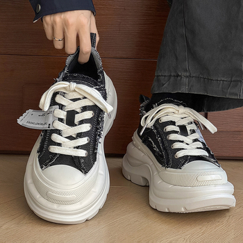 Pantofi platformă din canvas cu creștere de 6 cm, unisex, vârf rotund, închidere cu șireturi