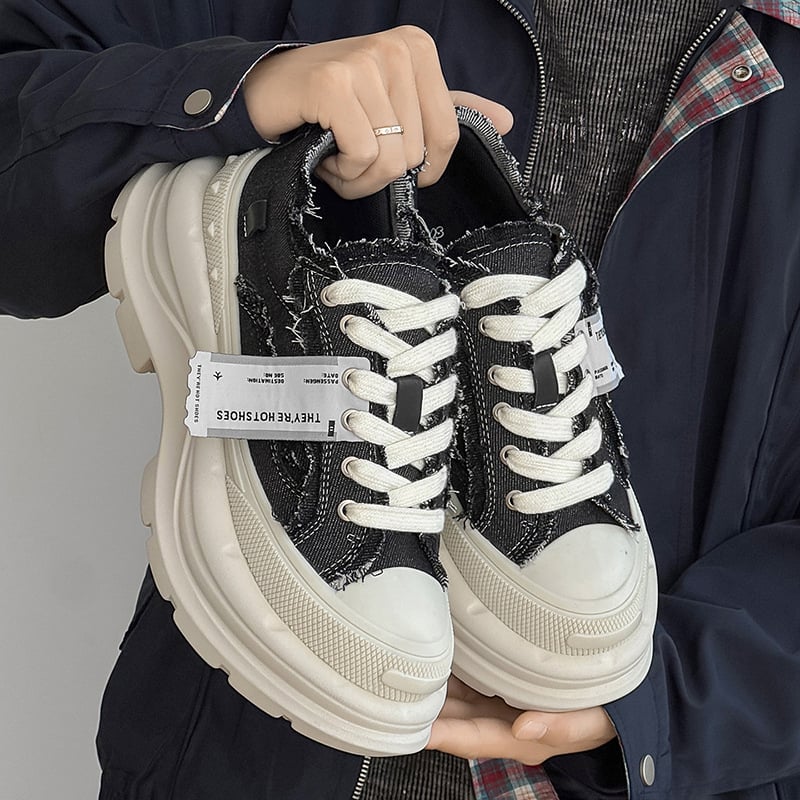 Pantofi platformă din canvas cu creștere de 6 cm, unisex, vârf rotund, închidere cu șireturi