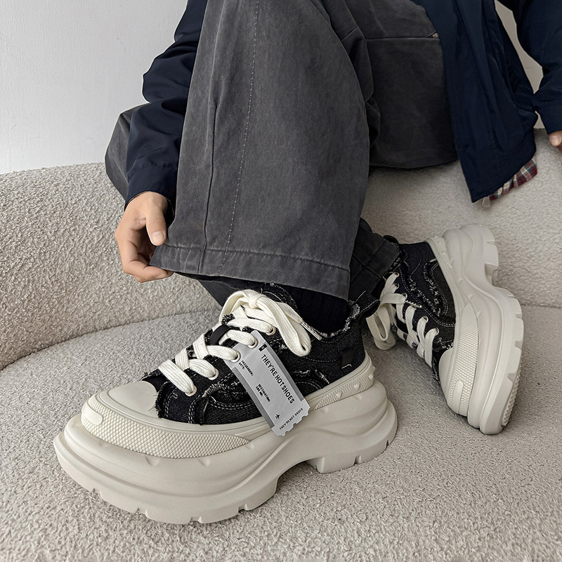 Pantofi platformă din canvas cu creștere de 6 cm, unisex, vârf rotund, închidere cu șireturi