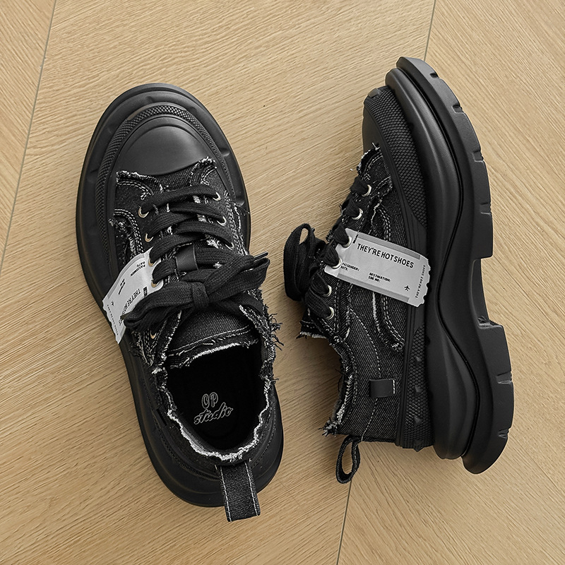 Pantofi platformă din canvas cu creștere de 6 cm, unisex, vârf rotund, închidere cu șireturi