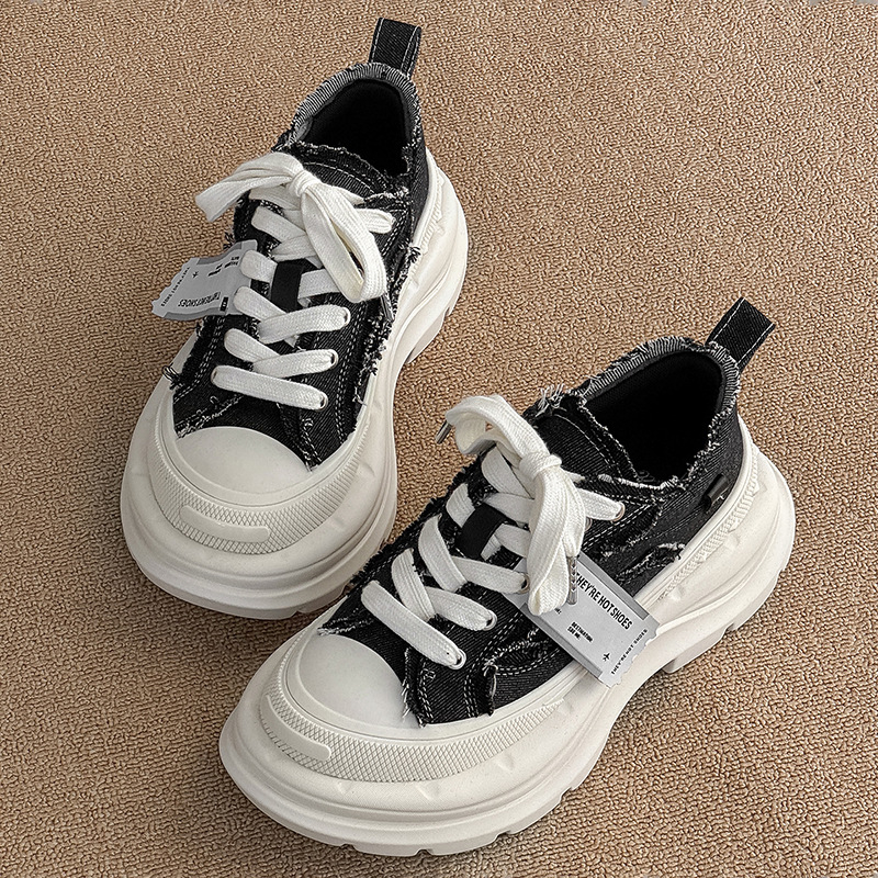 Pantofi platformă din canvas cu creștere de 6 cm, unisex, vârf rotund, închidere cu șireturi