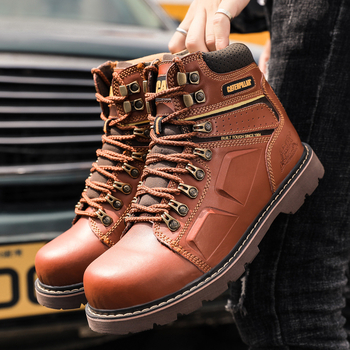 Ghete de lucru din piele naturală, piele de vițel prim strat, vârf rotund, căptușeală din piele