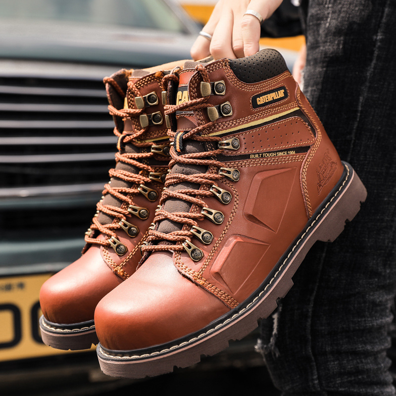 Ghete de lucru din piele naturală, piele de vițel prim strat, vârf rotund, căptușeală din piele