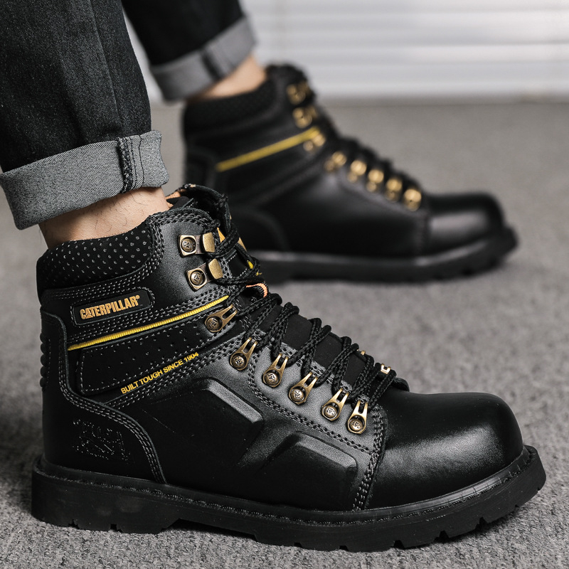 Ghete de lucru din piele naturală, piele de vițel prim strat, vârf rotund, căptușeală din piele